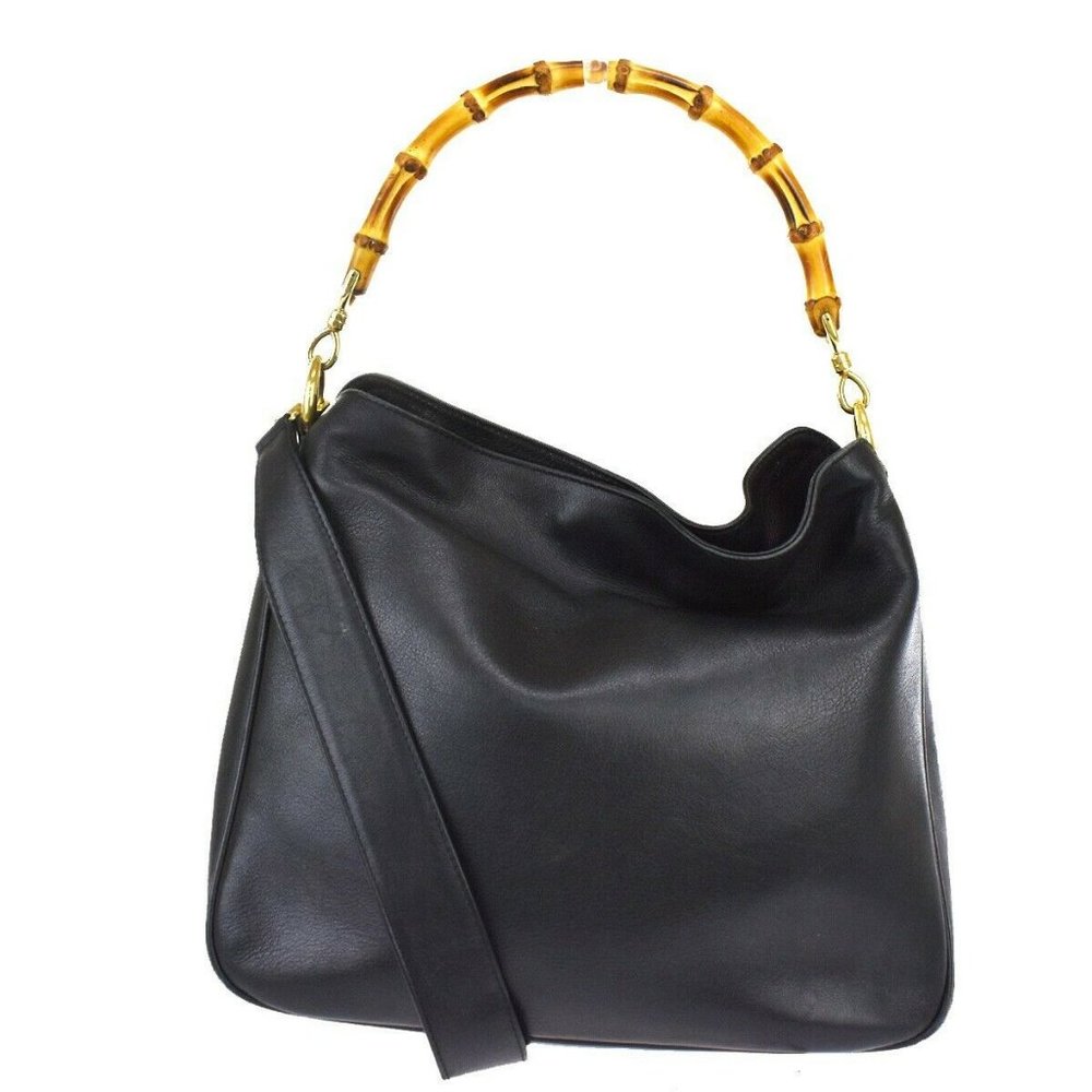 Auth Gucci Bamboo 2Way Hand Bag Black #34238G14B - Picture 1 of 10